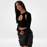 Top Cropped Preto de Manga Longa com Recortes – Dozier - VIEUX OFICIAL