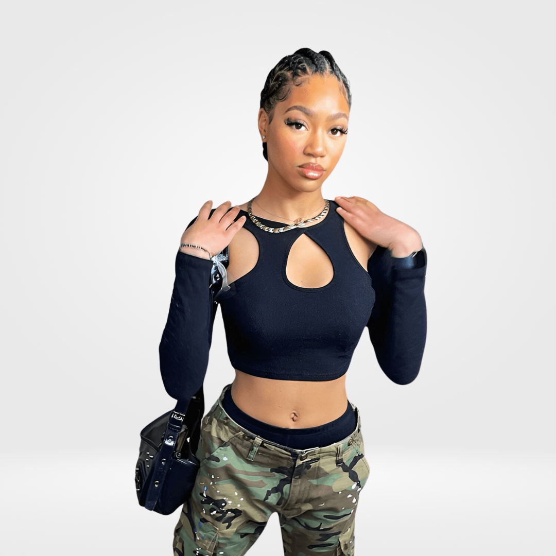 Top Cropped Preto de Manga Longa com Recortes – Dozier - VIEUX OFICIAL