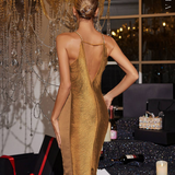 Vestido de Festa Midi de Bandagem Metalizada com Decote Halter – Perrot - VIEUX OFICIAL