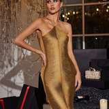 Vestido de Festa Midi de Bandagem Metalizada com Decote Halter – Perrot - VIEUX OFICIAL