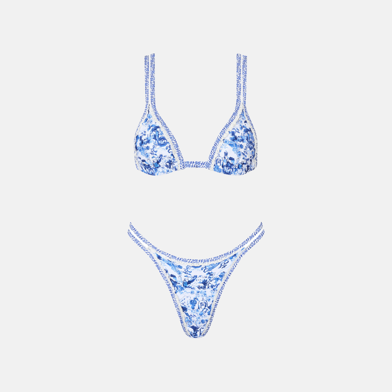 Biquíni Cortininha Azul Estampa Porcelana com Calcinha Fio Dental – Maree Bleue - VIEUX OFICIAL