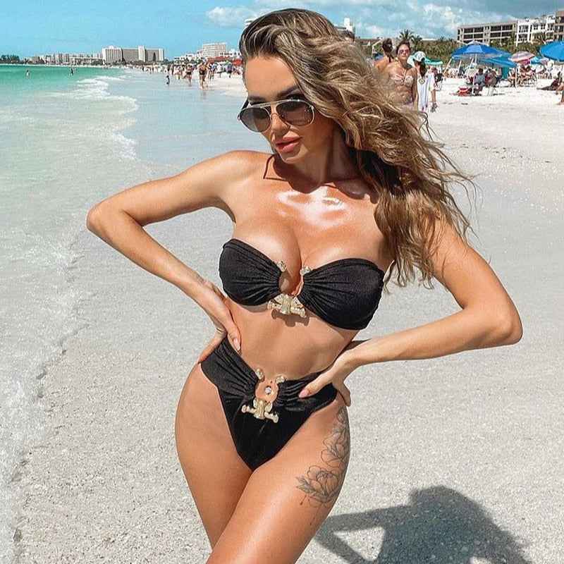 Conjunto Feminino de Biquíni com Top Faixa e Fivelas Douradas Orgânicas – Marion - VIEUX OFICIAL