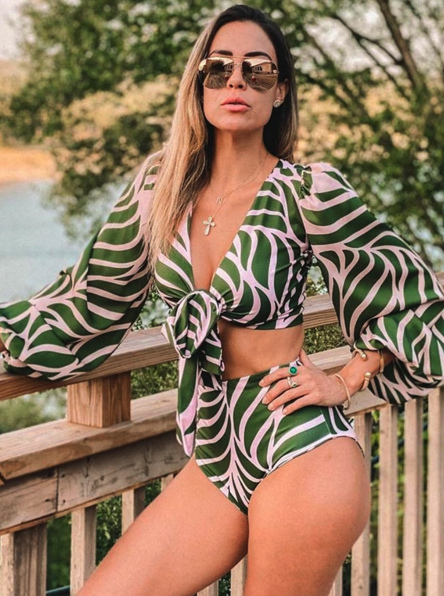 Conjunto Feminino de Biquíni Estampado com Top de Amarração e Calcinha Cintura Alta – Poulain - VIEUX OFICIAL