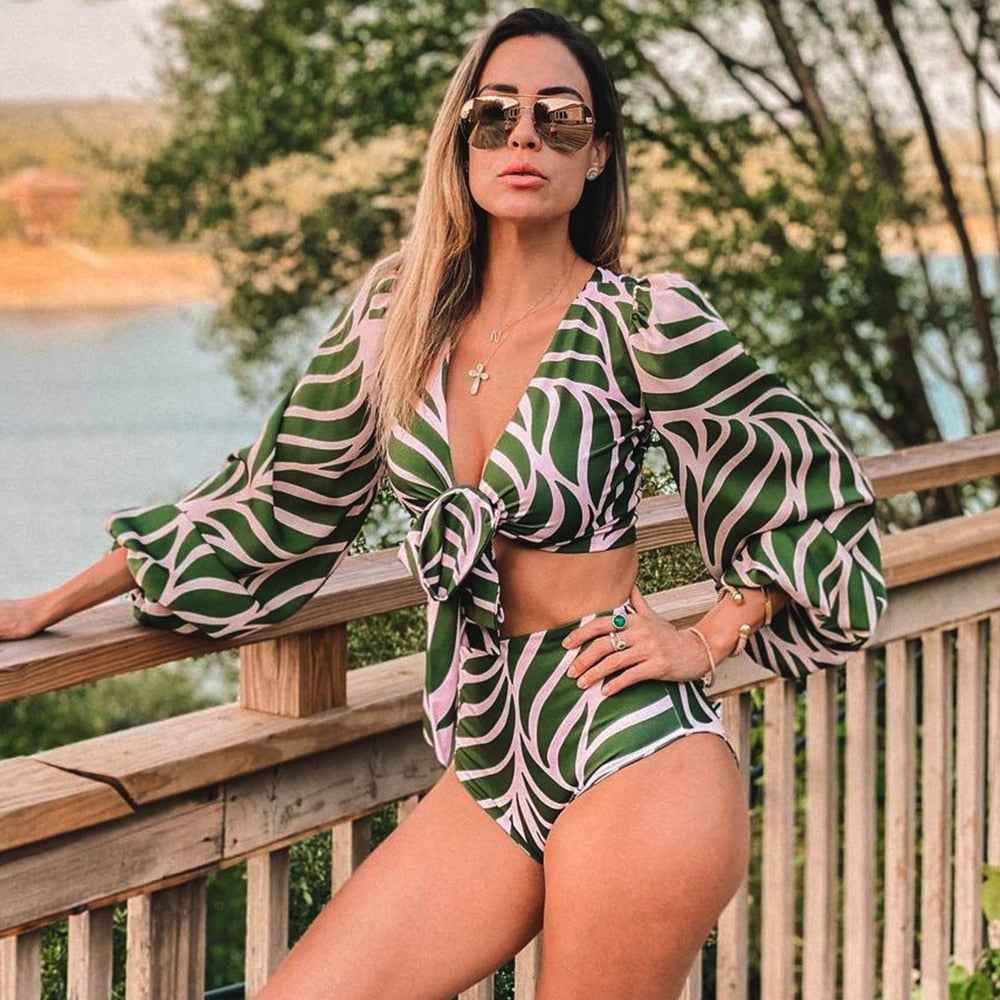 Conjunto Feminino de Biquíni Estampado com Top de Amarração e Calcinha Cintura Alta – Poulain - VIEUX OFICIAL