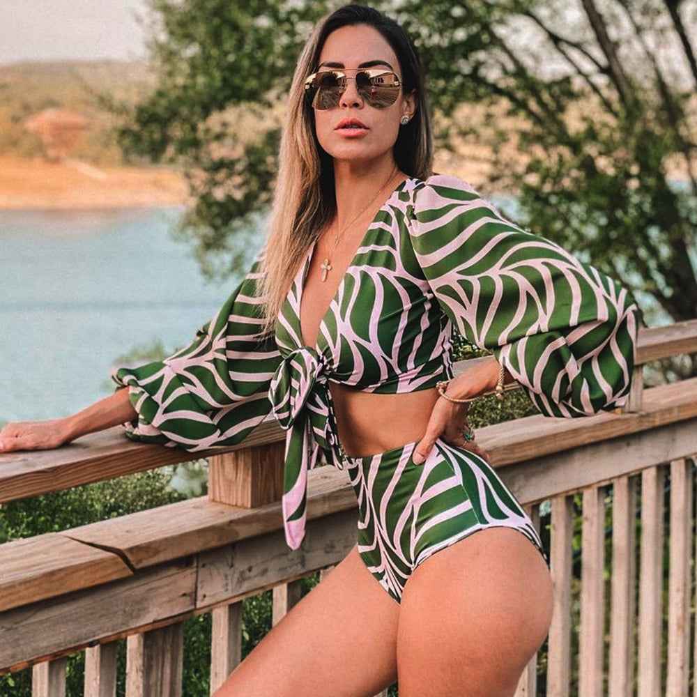 Conjunto Feminino de Biquíni Estampado com Top de Amarração e Calcinha Cintura Alta – Poulain - VIEUX OFICIAL
