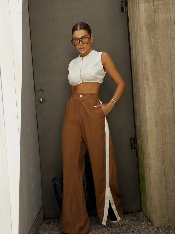 Conjunto Feminino Bicolor de Top Cropped com Zíper e Calça Pantalona de Alfaiataria – Crew VIEUX OFICIAL