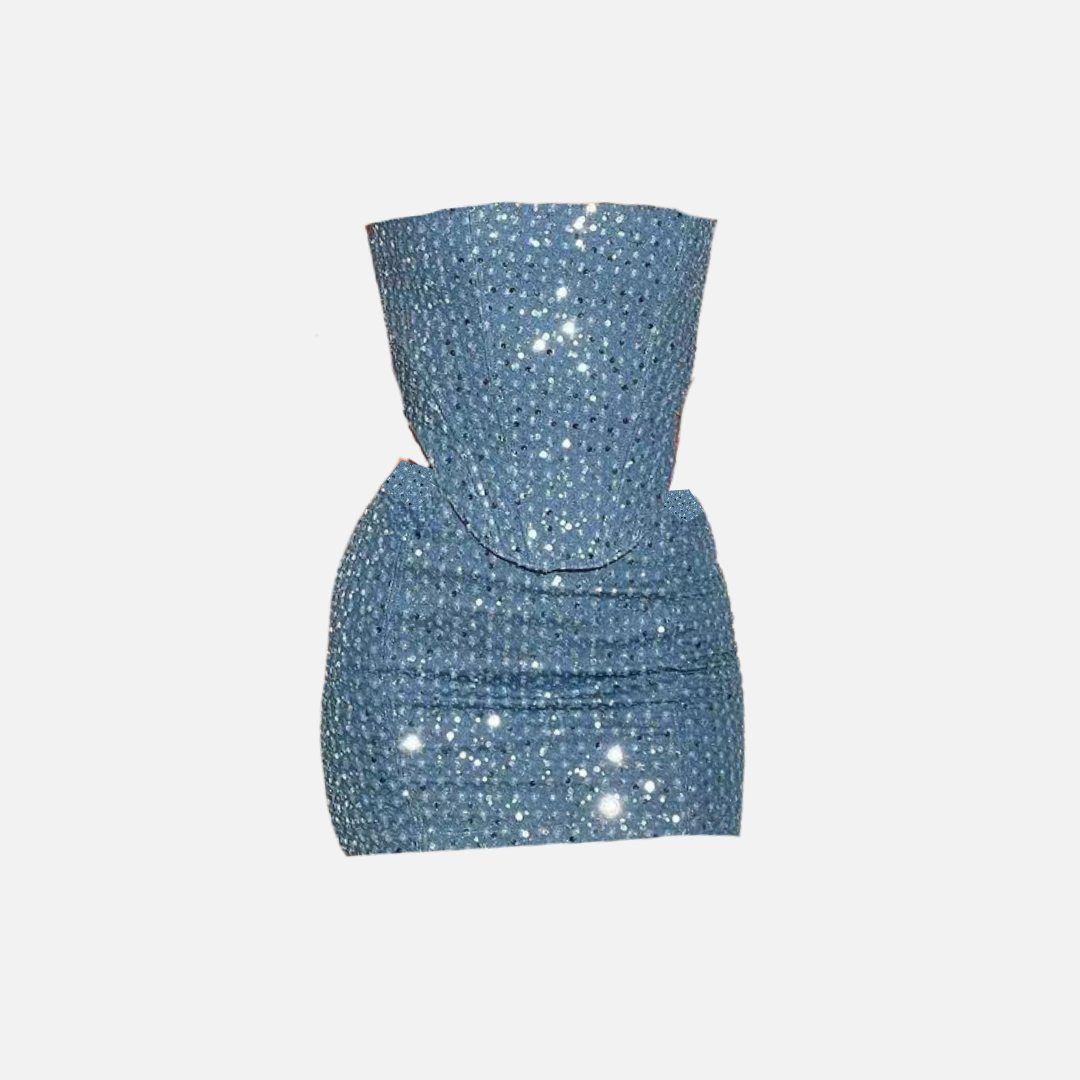 Conjunto Feminino Tomara que Caia Curto de Festa em Paetê com Silhueta Ajustada Azul – Charmant - VIEUX OFICIAL