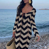 Saída de Praia Longa de Tricô com Estampa Chevron e Manga Sino – Cascade - VIEUX OFICIAL