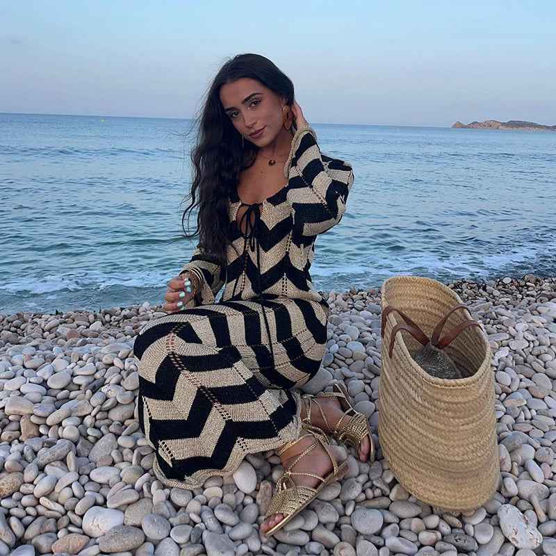 Saída de Praia Longa de Tricô com Estampa Chevron e Manga Sino – Cascade - VIEUX OFICIAL
