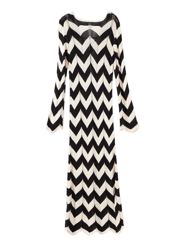 Saída de Praia Longa de Tricô com Estampa Chevron e Manga Sino – Cascade - VIEUX OFICIAL