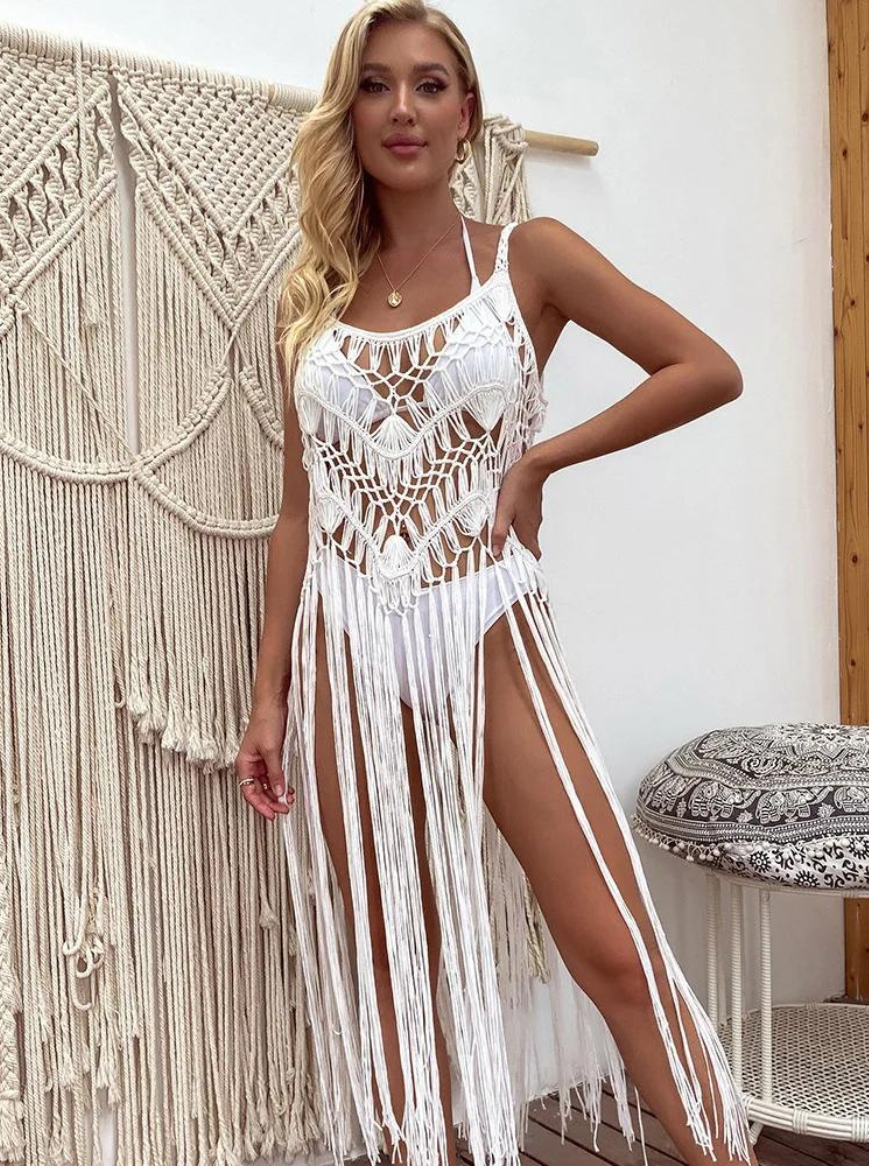 Saída de Praia Longa de Macramê com Franjas e Costas Nuas – Soleil - VIEUX OFICIAL