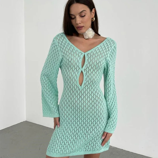 Saída de Praia Vestido Curto de Tricô Manga Sino – Maldivas VIEUX OFICIAL