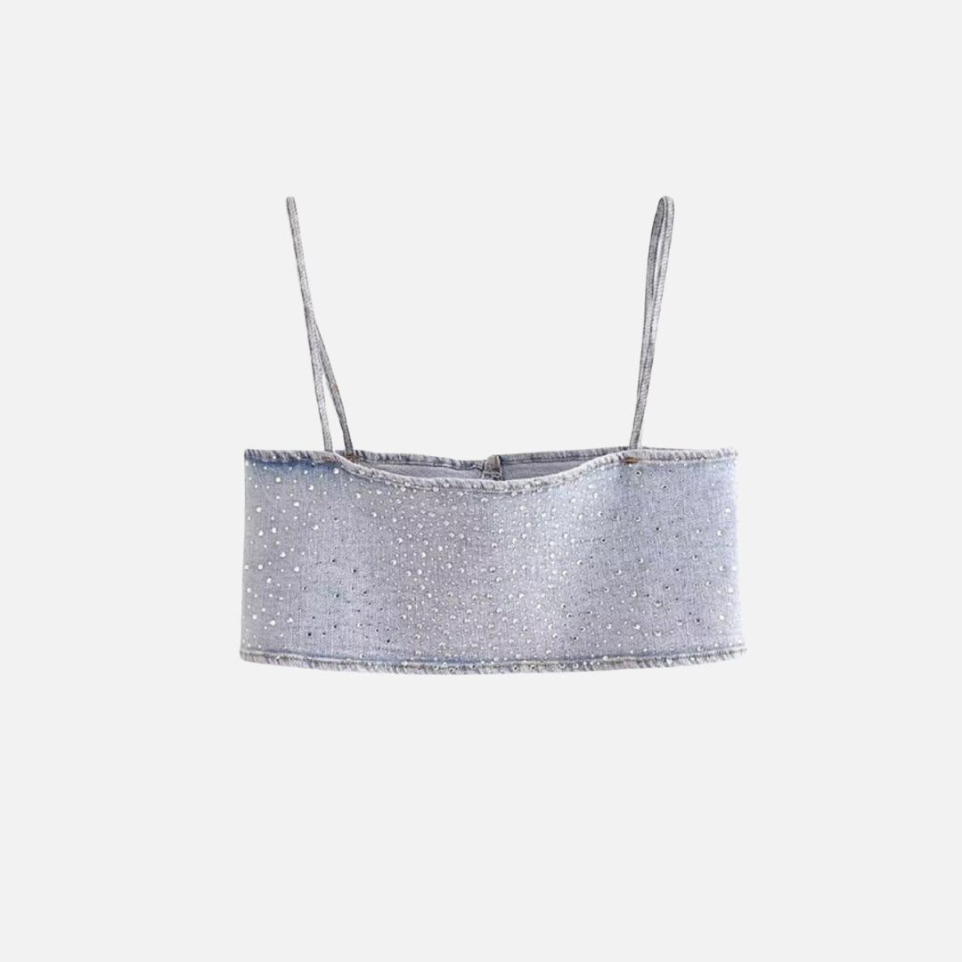 Top Cropped de Jeans com Alças Finas e Aplicações de Strass – Lumière VIEUX OFICIAL