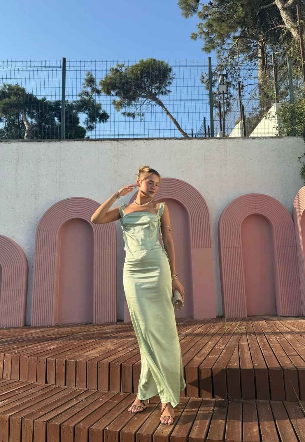 Vestido Longo Verde Menta de Festa com Alças em Amarração e Decote Coração Feminino – Verneuil
