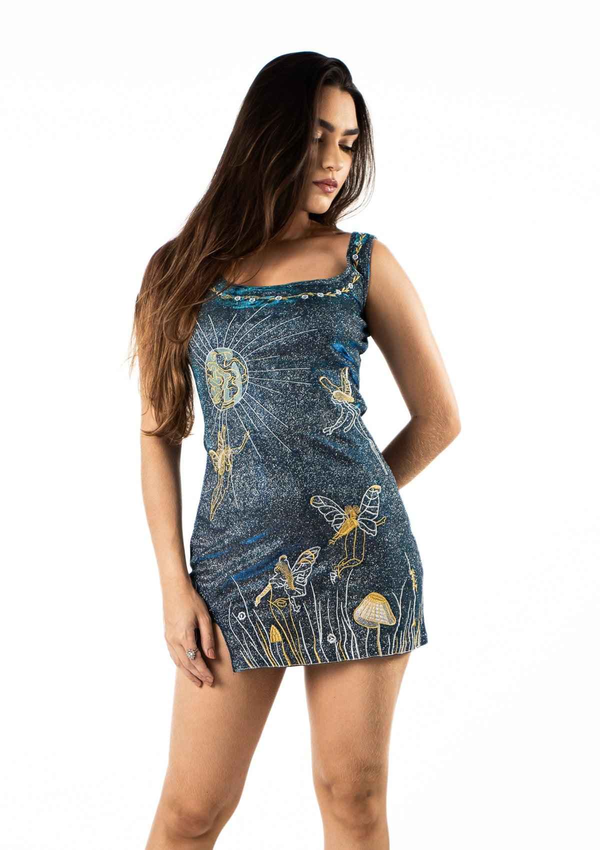 Vestido Feminino Curto Com Bordado e Fenda - Minuit - VIEUX OFICIAL