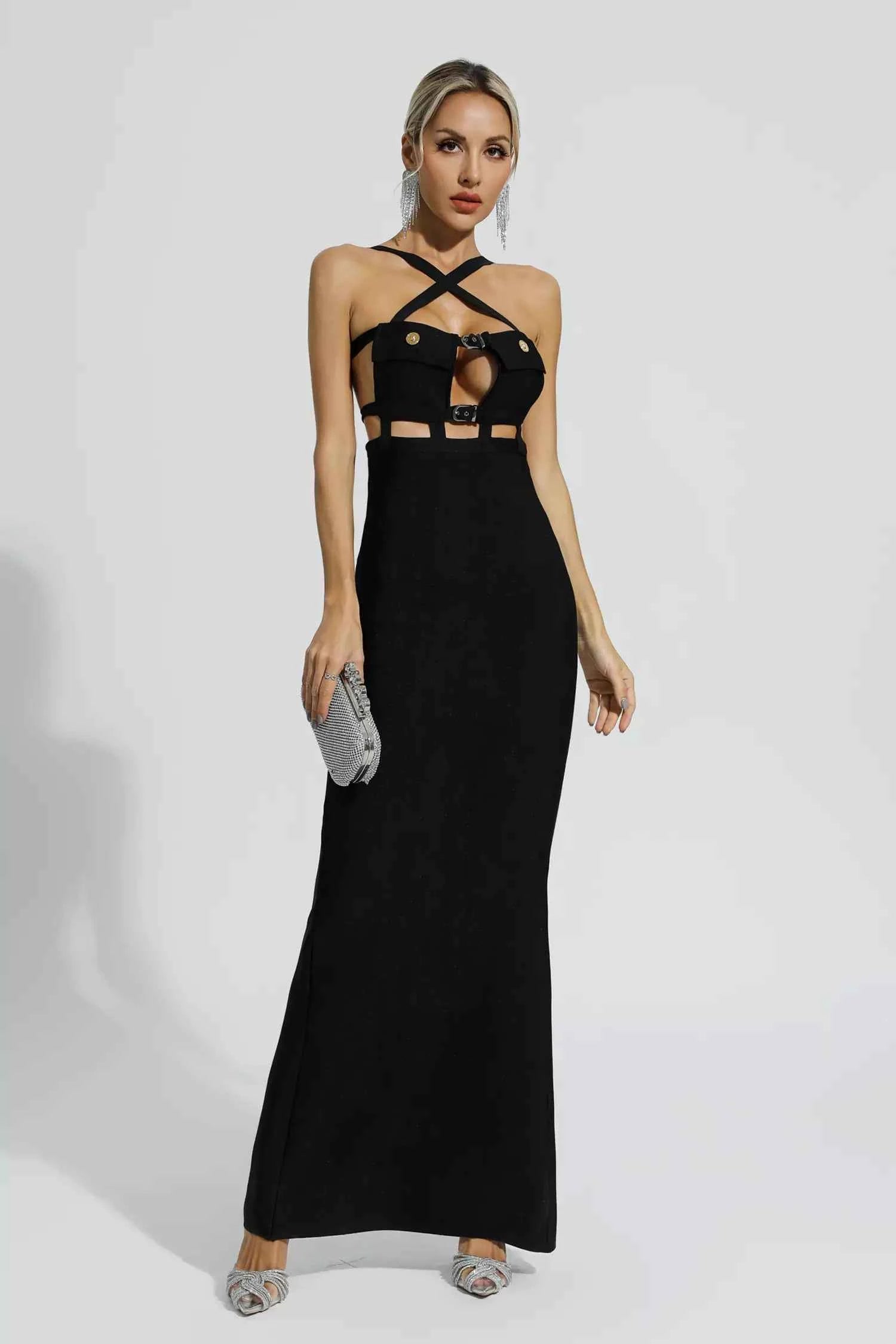 Vestido Longo de Festa Preto com Recortes e Alças Cruzadas – Corsage - VIEUX OFICIAL