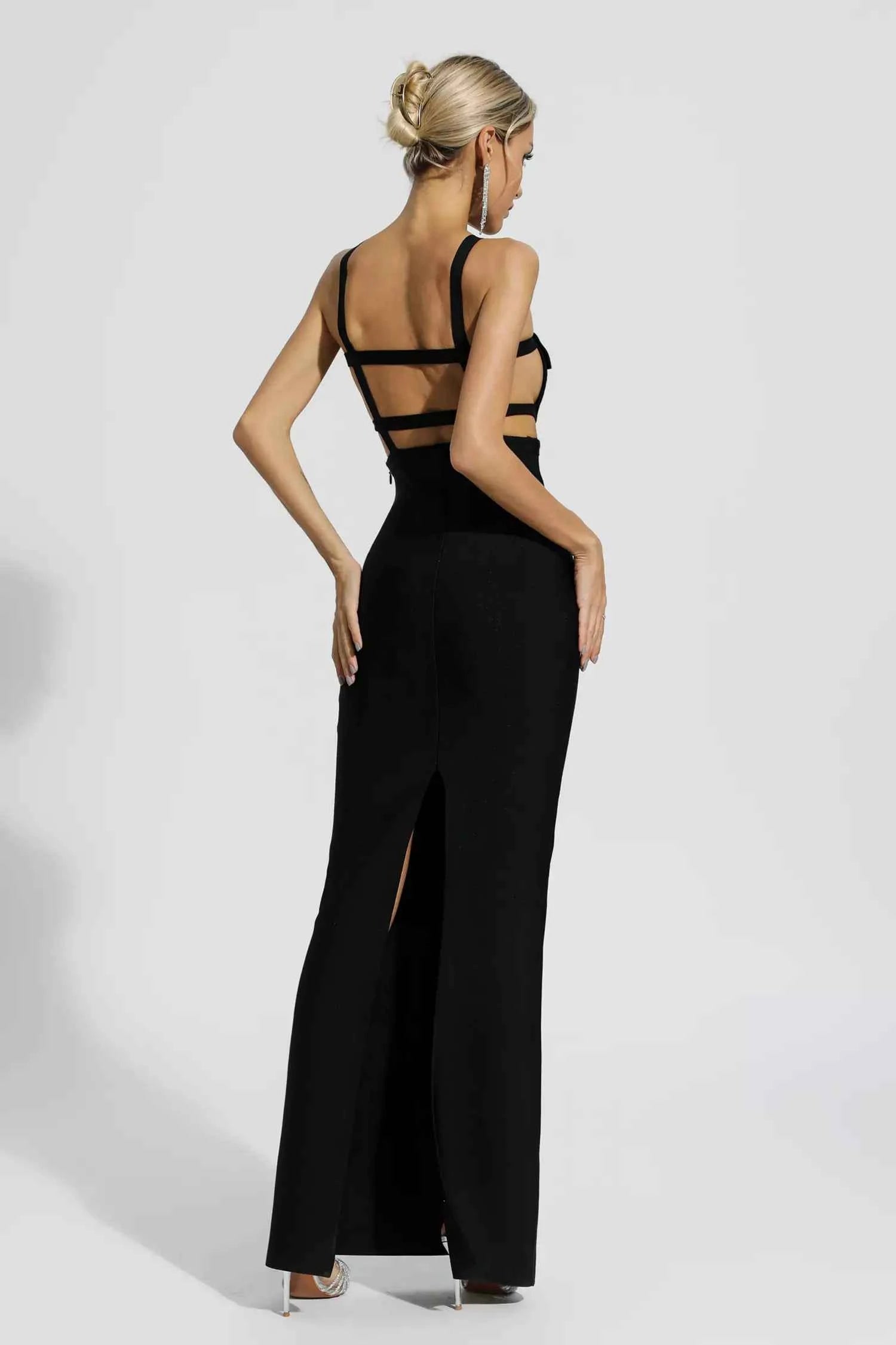 Vestido Longo de Festa Preto com Recortes e Alças Cruzadas – Corsage - VIEUX OFICIAL