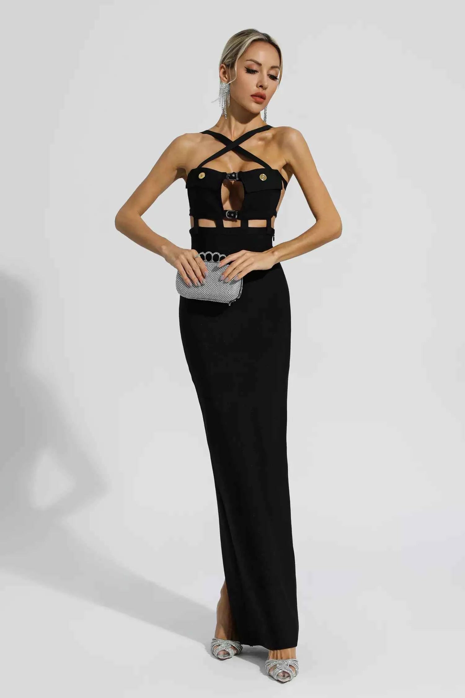 Vestido Longo de Festa Preto com Recortes e Alças Cruzadas – Corsage - VIEUX OFICIAL