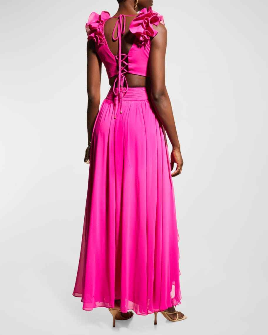 Vestido Longo de Festa com Babados e Detalhes Florais em Tule – Courbe - VIEUX OFICIAL