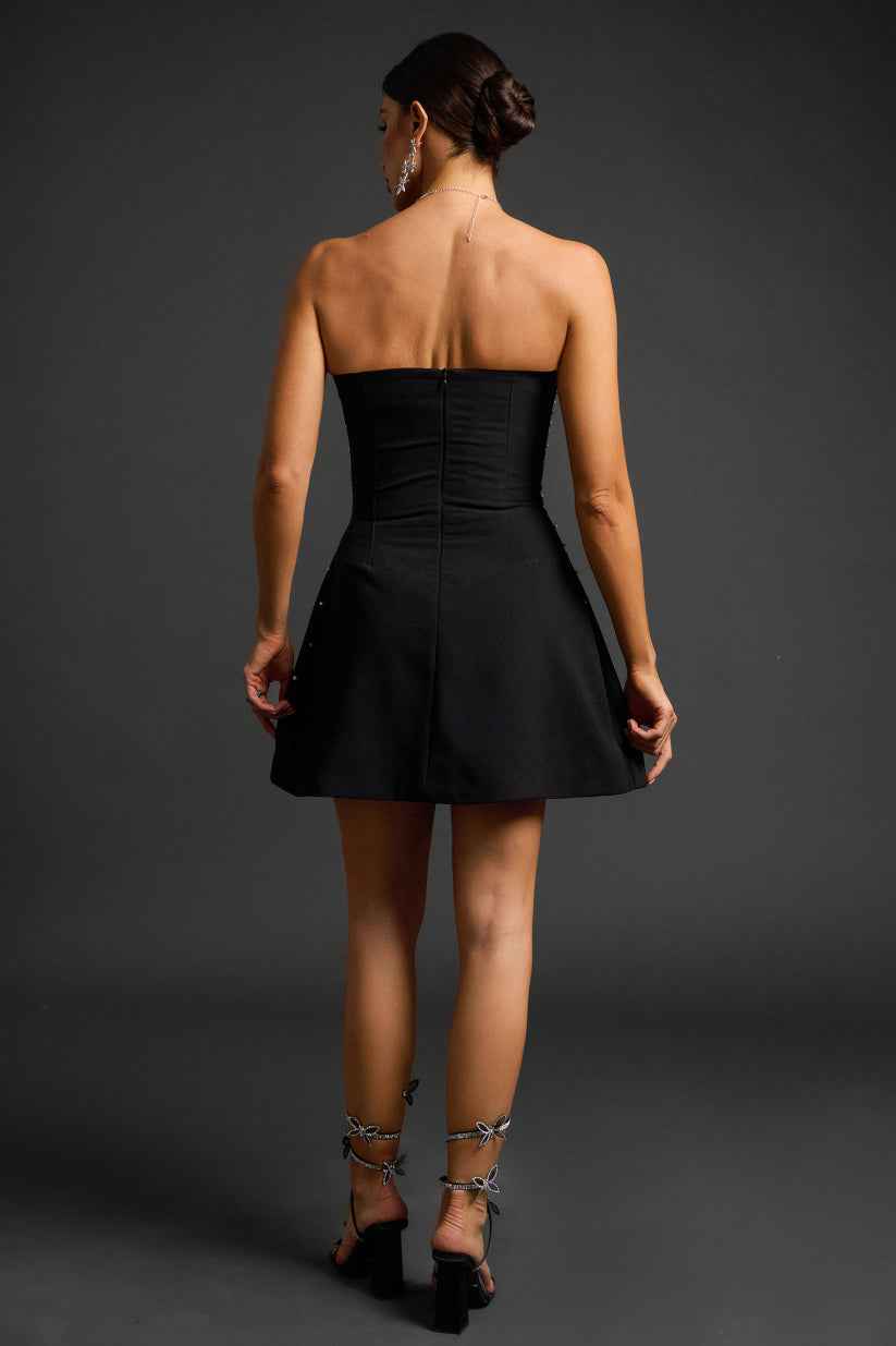 Vestido Curto Preto Tomara que Caia com Bordado de Pérolas e Cristais – Lemoal VIEUX OFICIAL