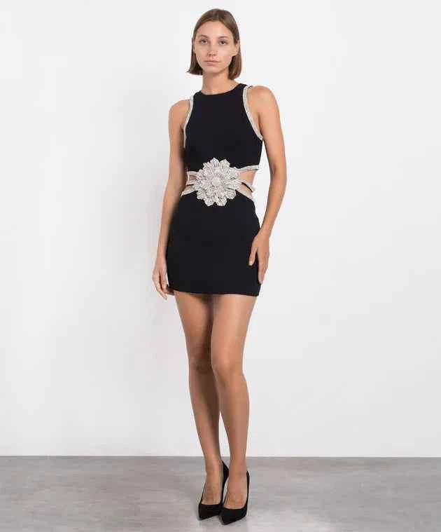 Vestido Curto Preto de Festa com Bordado Floral em Cristais e Recortes Laterais – Bouluds VIEUX OFICIAL
