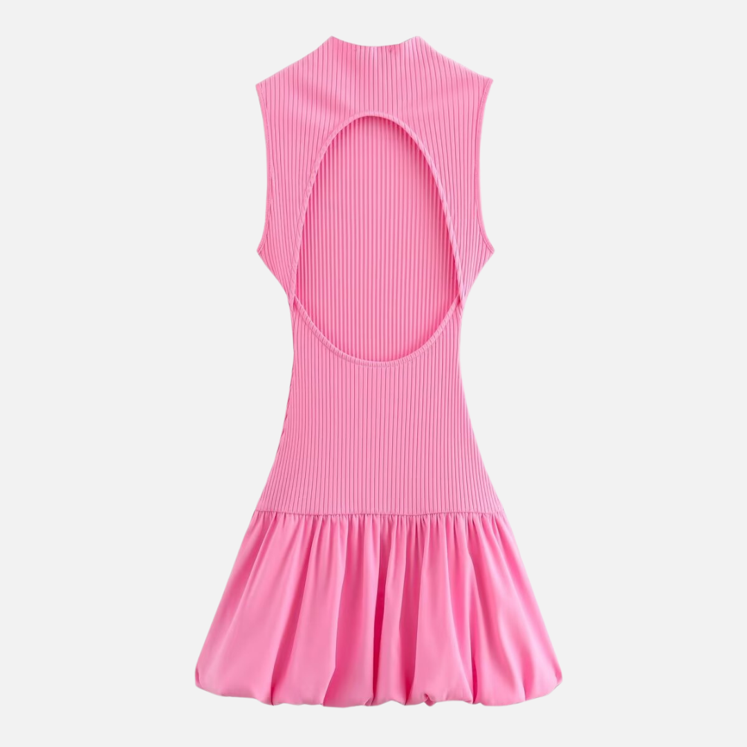 Vestido Curto Sem Manga em Tricot Canelado com Saia Godê de Alfaiataria – Béline VUE=IEUX OFICIAL