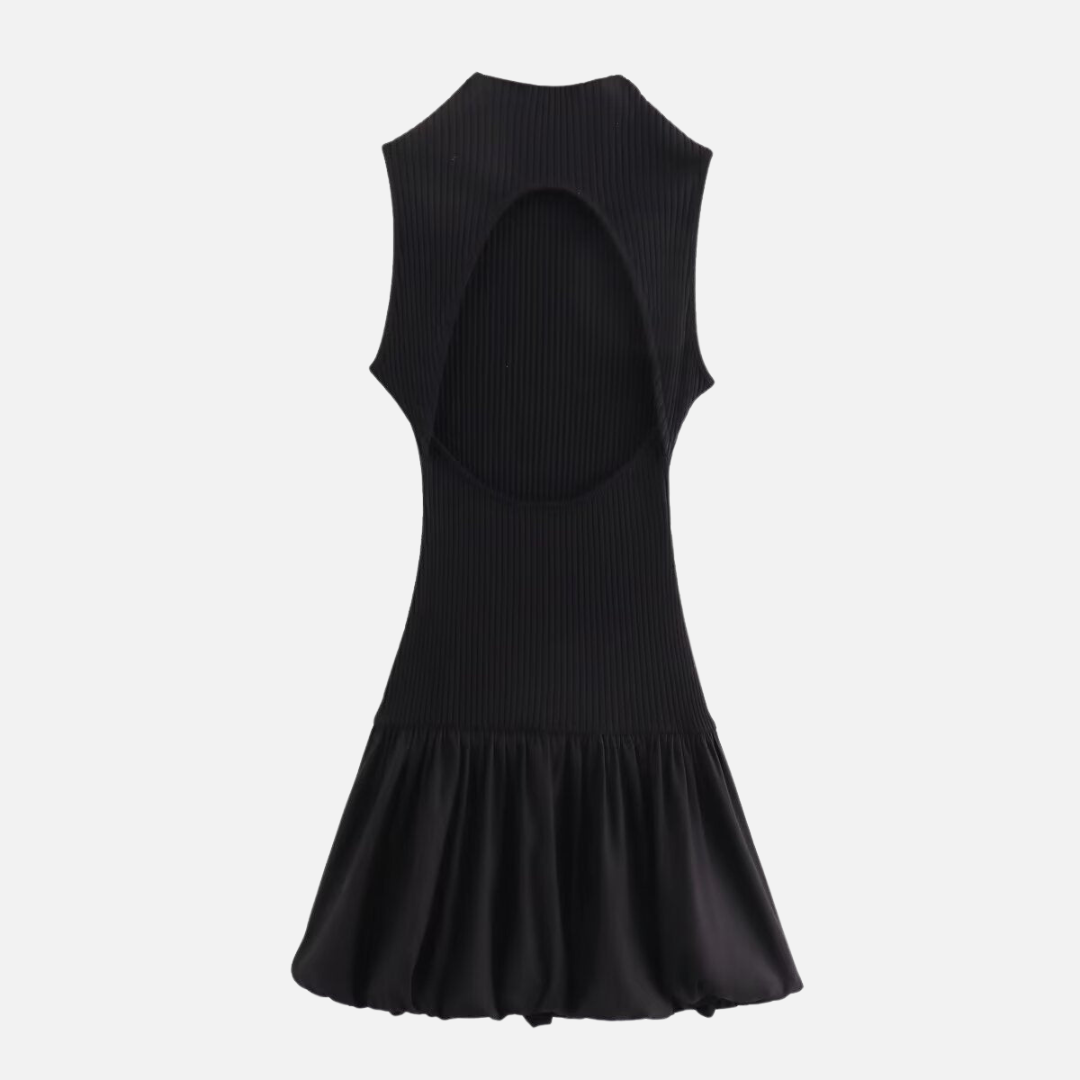 Vestido Curto Sem Manga em Tricot Canelado com Saia Godê de Alfaiataria – Béline VUE=IEUX OFICIAL