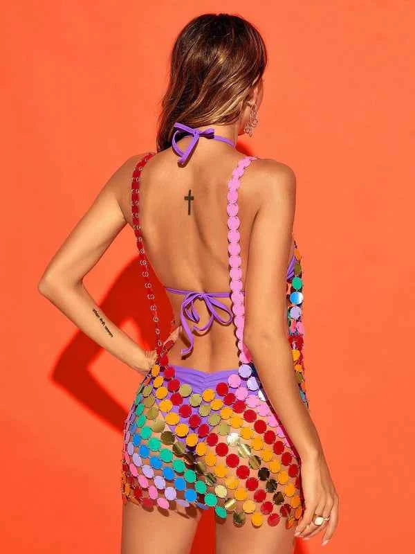 Vestido Curto com Paetês Metálicos e Decote Profundo - Breton VIEUX OFICIAL