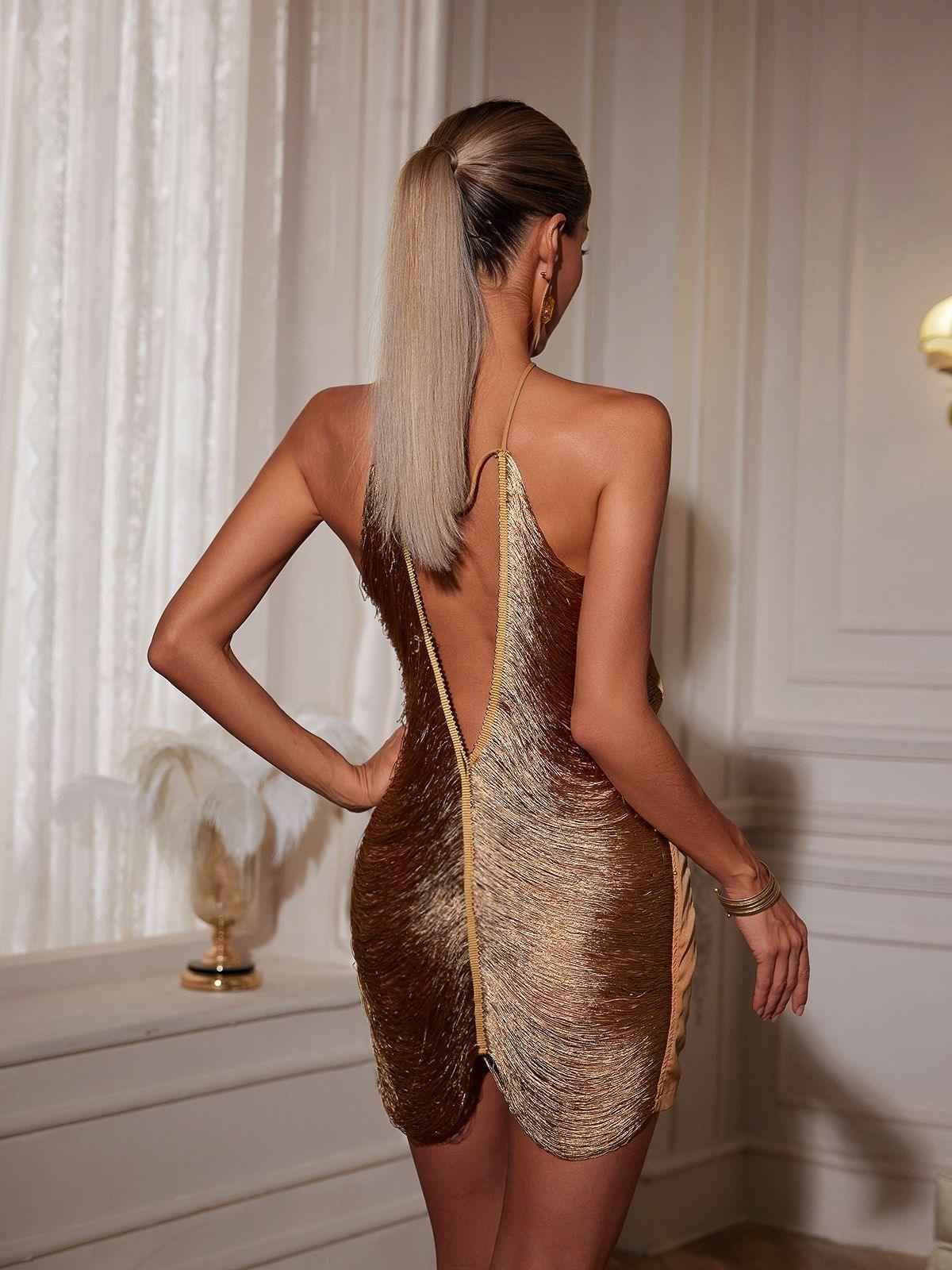 Vestido de Festa Curto com Franjas Douradas Metálicas Feminino – Perrot - VIEUX OFICIAL