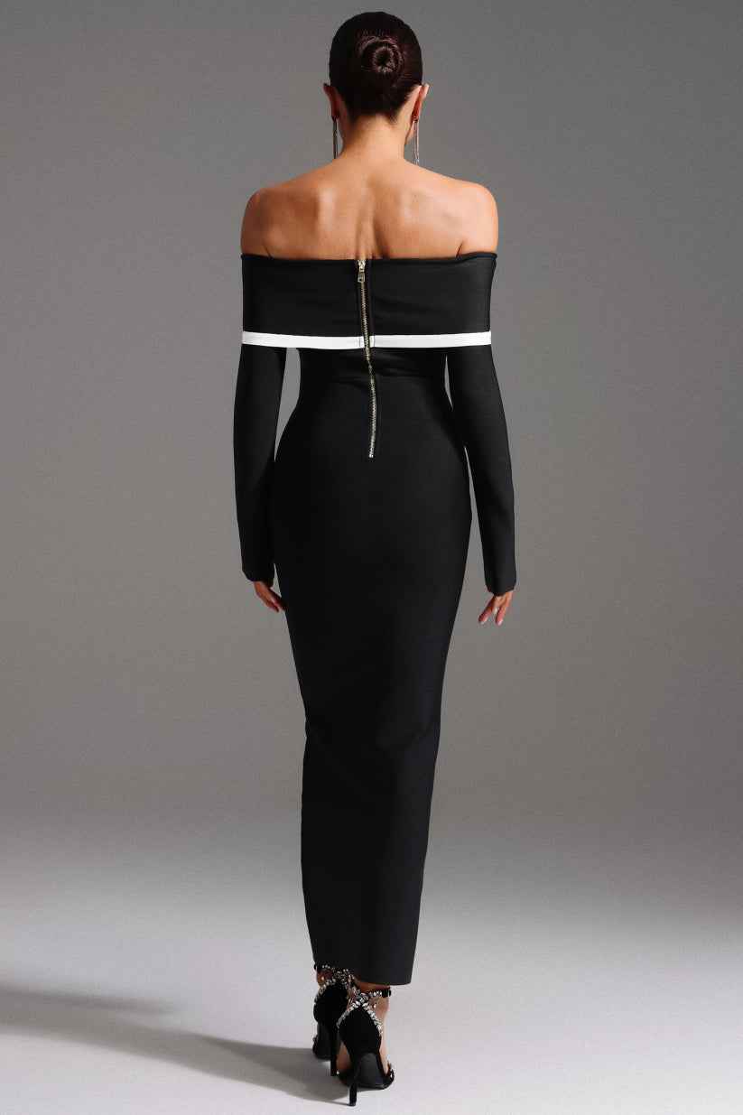 Vestido Longo Ombro a Ombro de Bandagem com Recortes Contrastantes – Lilas