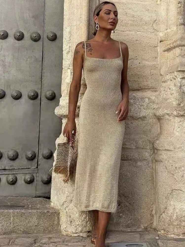 Vestido Longo Bege de Tricô – Royer VIEUX OFICIAL