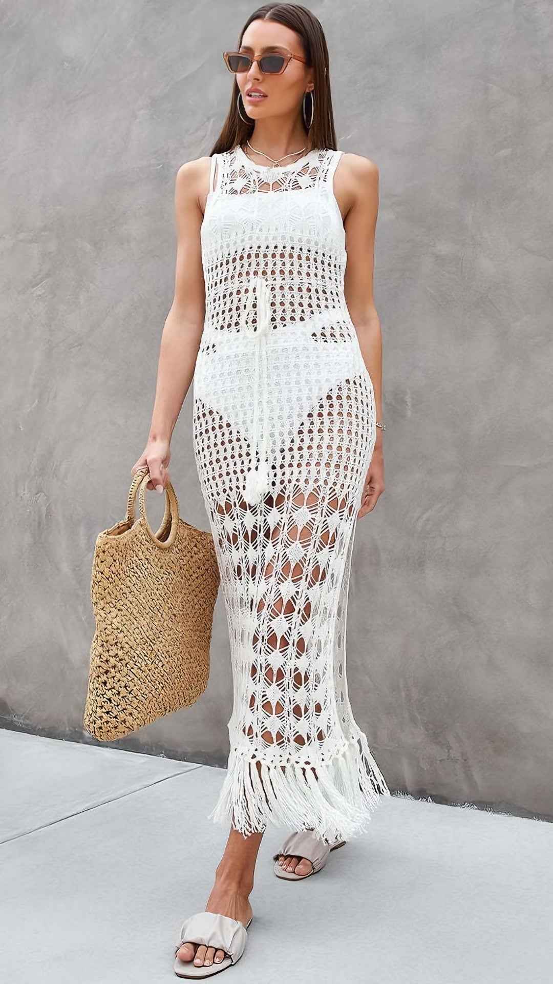 Vestido Longo Branco em Crochê com Transparência e Franjas - Lejeune VIEUX OFICIAL
