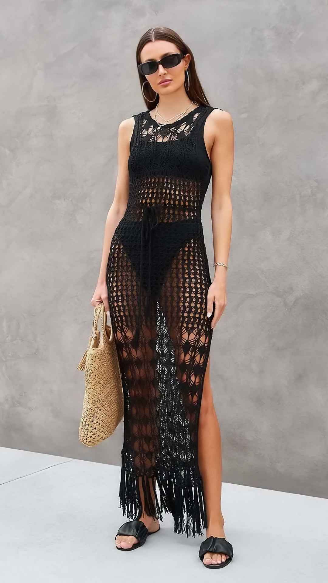 Vestido Longo Branco em Crochê com Transparência e Franjas - Lejeune VIEUX OFICIAL