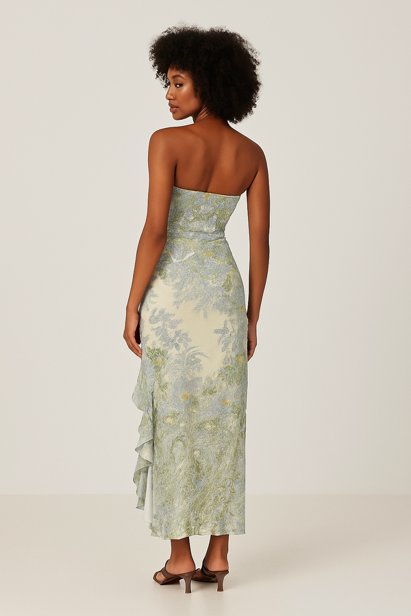Vestido Longo Floral Tomara que Caia com Fenda Assimétrica e Babados – Fleurisse VIEUX OFICIAL