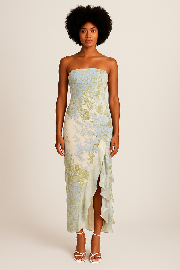 Vestido Longo Floral Tomara que Caia com Fenda Assimétrica e Babados – Fleurisse VIEUX OFICIAL