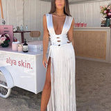 Vestido Longo Frente Única com Fenda e Maxi Franjas – Lunaire