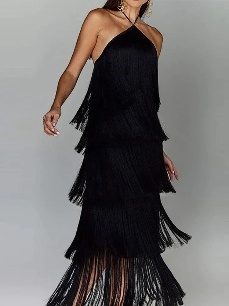 Vestido Feminino de Festa Elegante Longo Com Franjas Dourado - Montmartre - VIEUX OFICIAL
