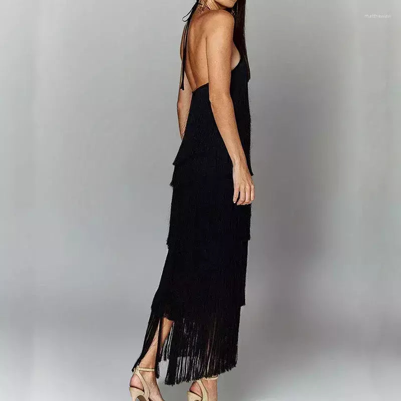 Vestido Feminino de Festa Elegante Longo Com Franjas Dourado - Montmartre - VIEUX OFICIAL