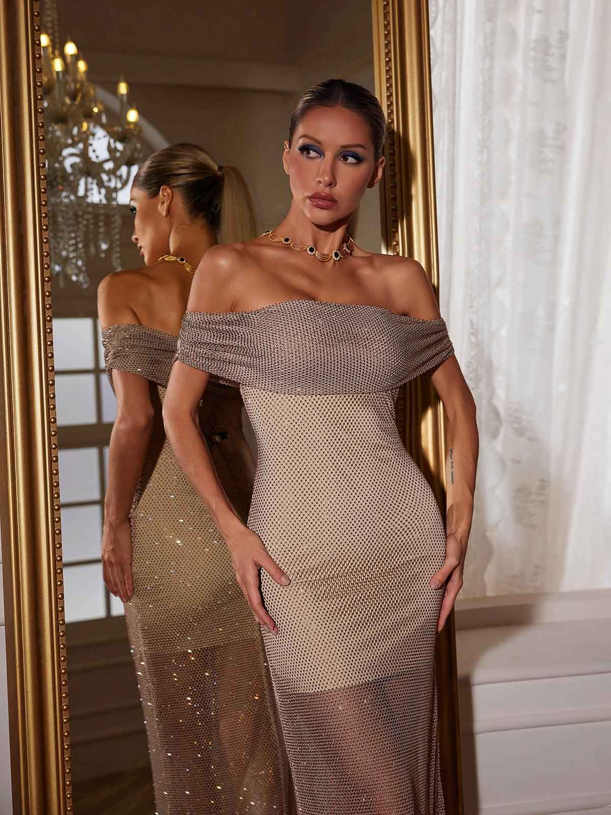 Vestido Longo Nude Ombro a Ombro com Tela de Cristais e Transparência Sofisticada – Blanchet - VIEUX OFICIAL