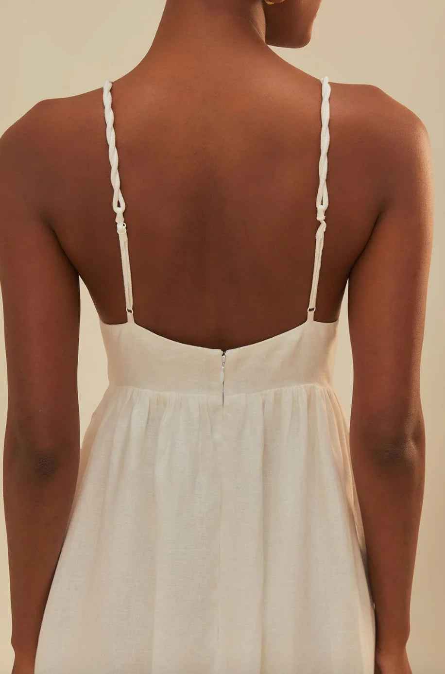 Vestido Longo Off-White com Alças Finas e Bordado de Palmeiras - Palmier VIEUX OFICIAL