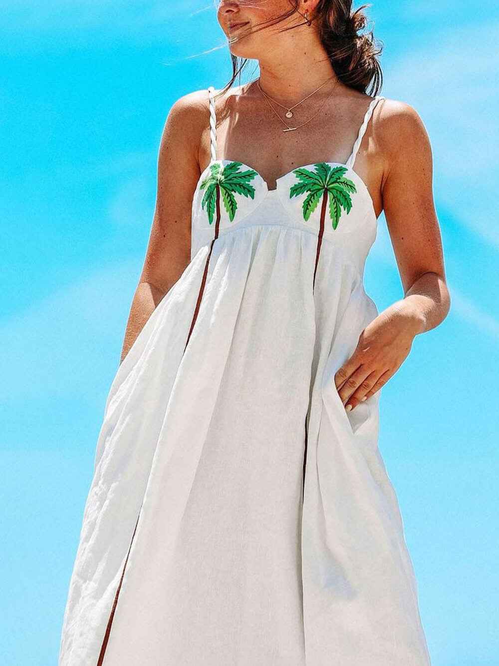 Vestido Longo Off-White com Alças Finas e Bordado de Palmeiras - Palmier VIEUX OFICIAL