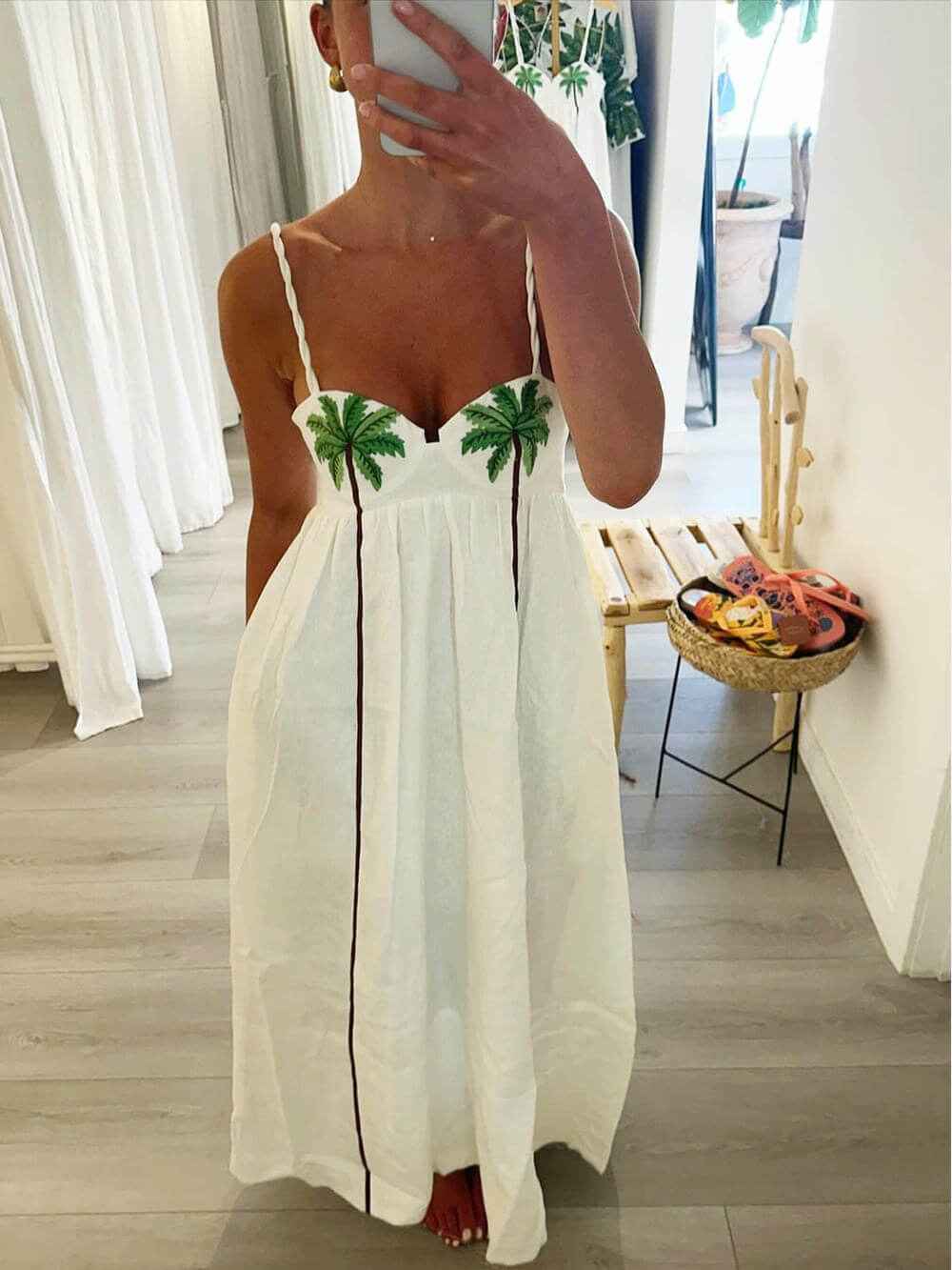 Vestido Longo Off-White com Alças Finas e Bordado de Palmeiras - Palmier VIEUX OFICIAL