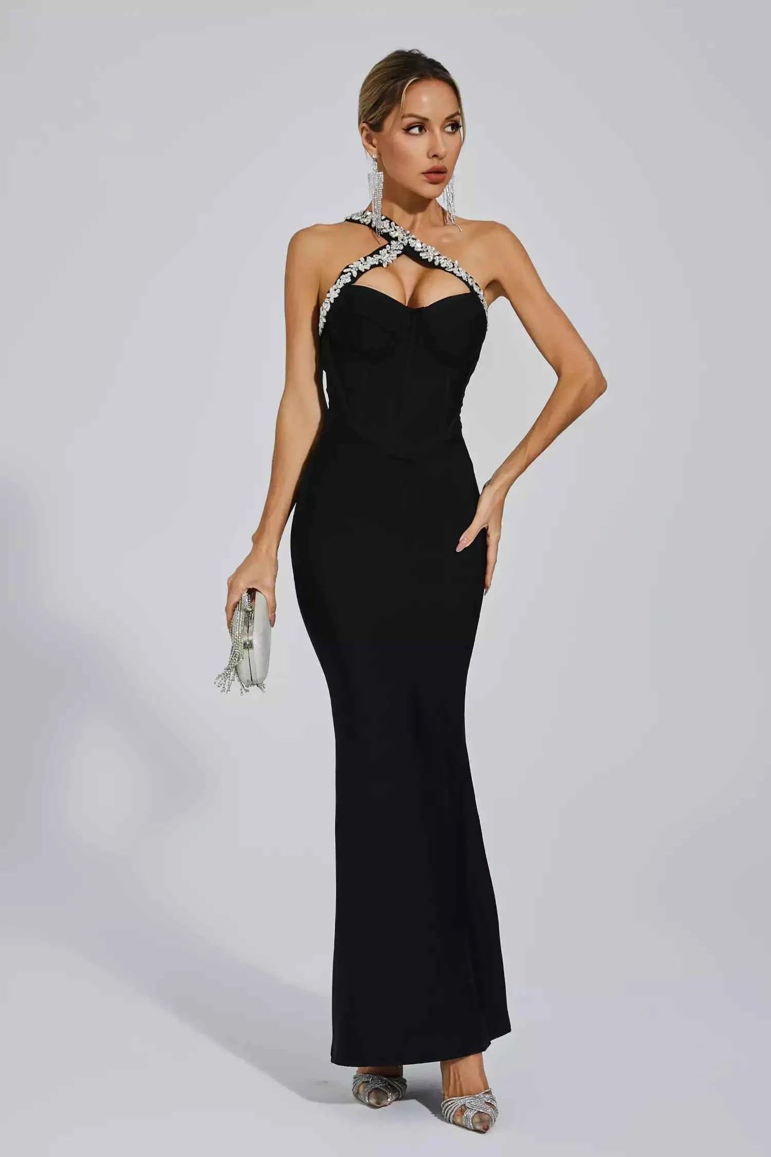 Vestido Longo Preto com Decote Cruzado Bordado em Cristais e Fenda Discreta – Billie VIEUX OFICIAL