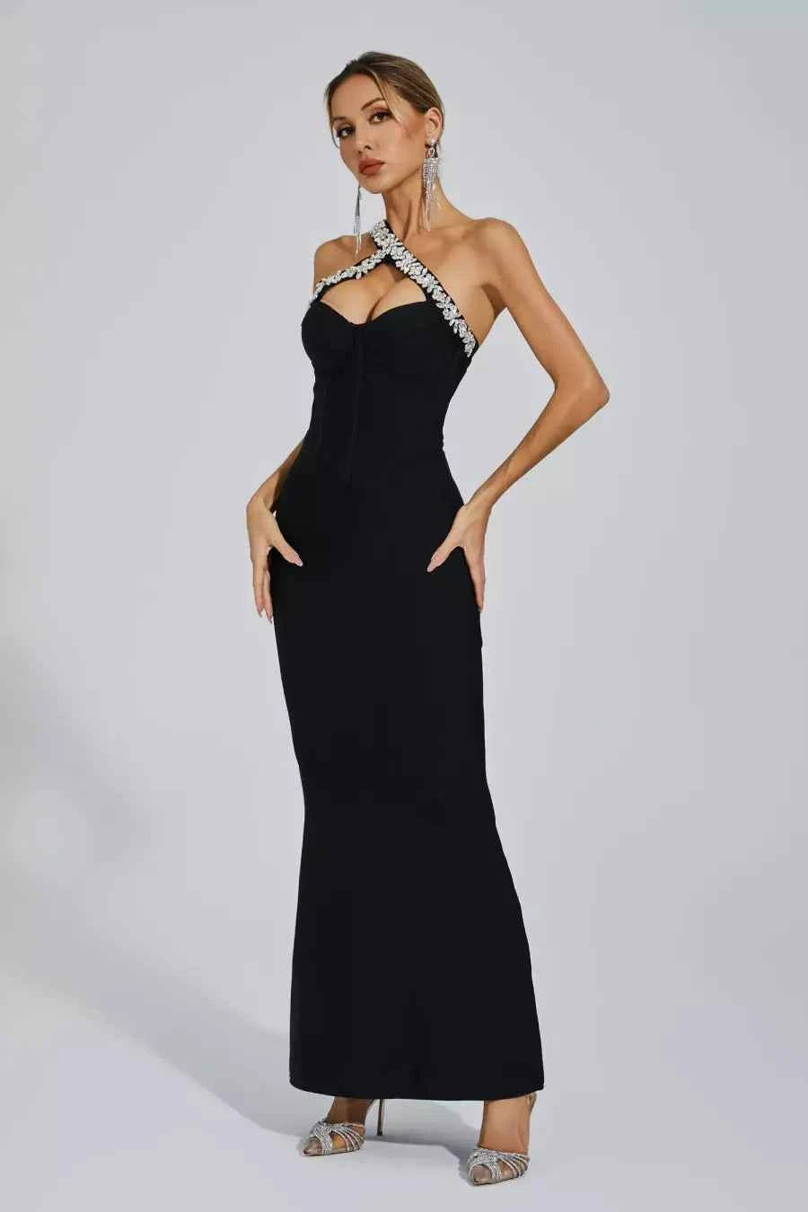 Vestido Longo Preto com Decote Cruzado Bordado em Cristais e Fenda Discreta – Billie VIEUX OFICIAL