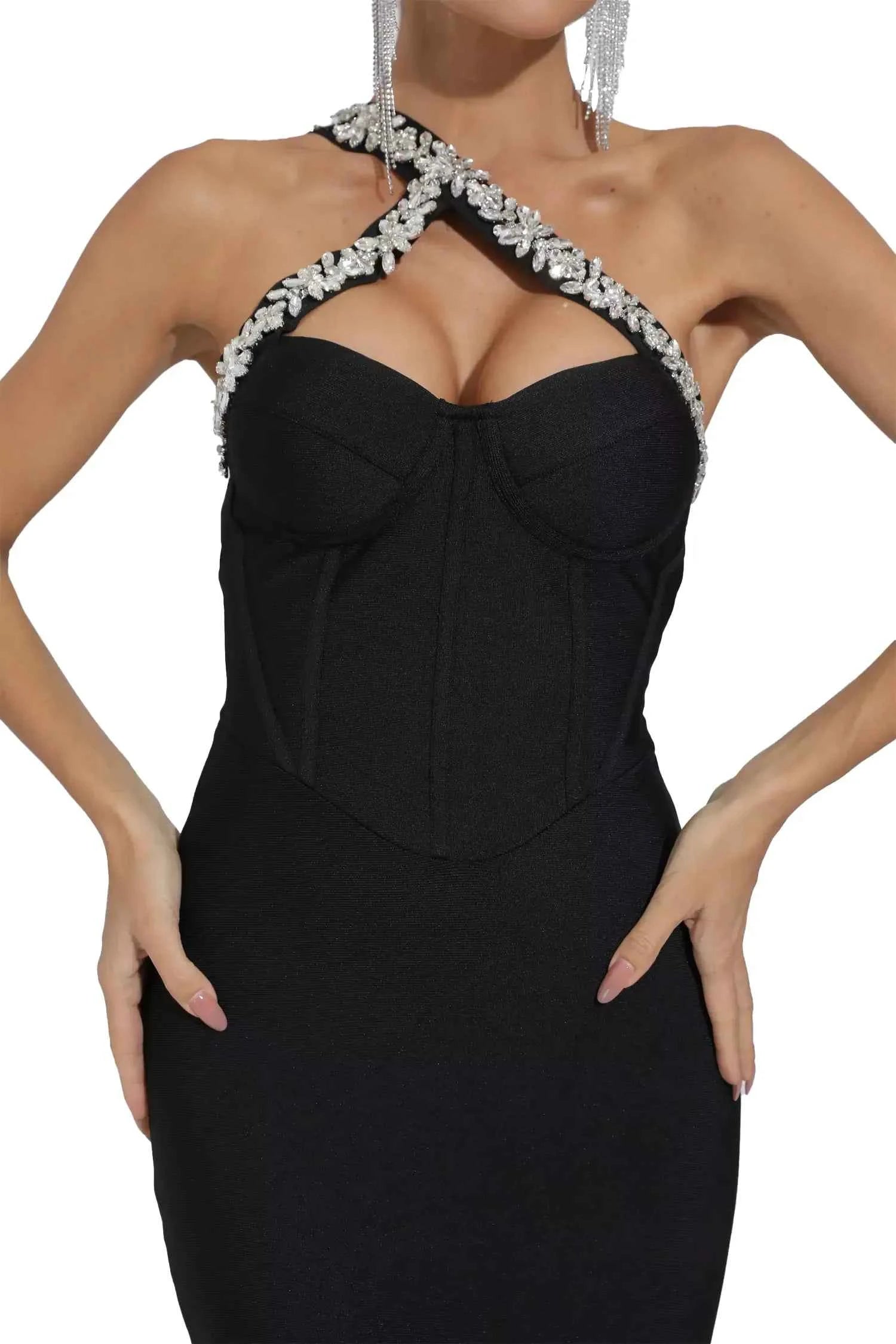 Vestido Longo Preto com Decote Cruzado Bordado em Cristais e Fenda Discreta – Billie VIEUX OFICIAL