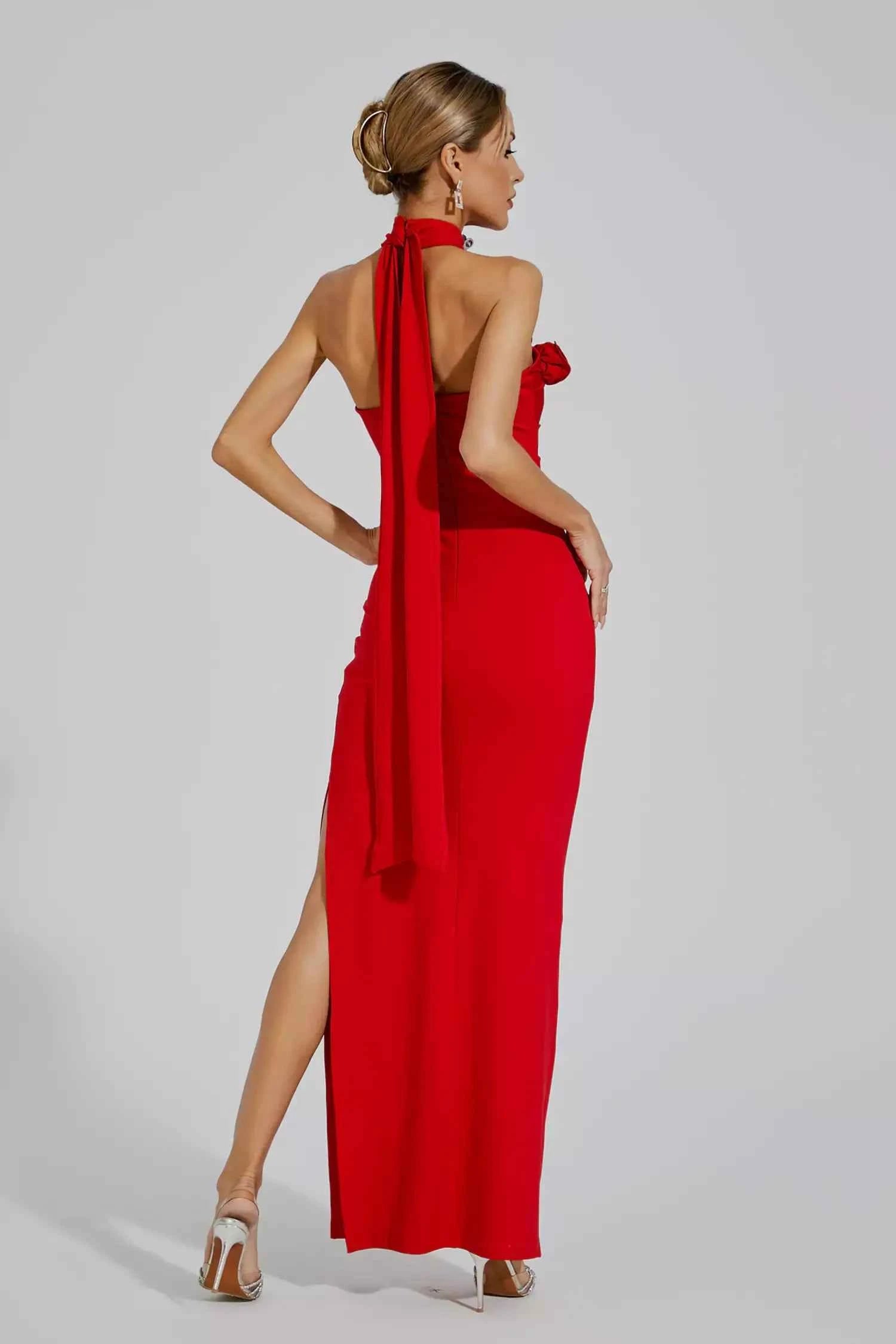 Vestido Longo Preto com Gola de Rosas e Fenda Lateral - Julien VIEUX OFICIAL