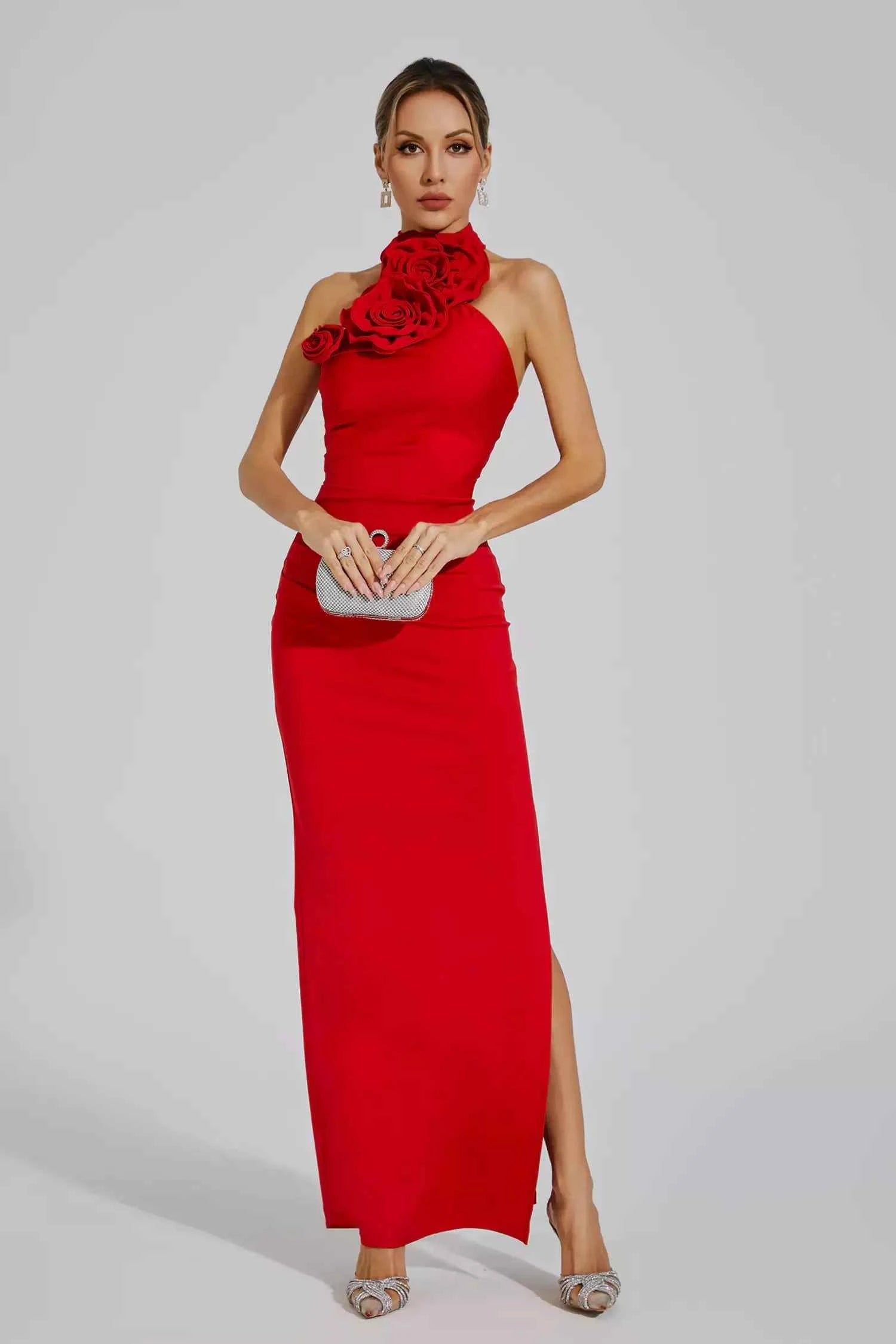 Vestido Longo Preto com Gola de Rosas e Fenda Lateral - Julien VIEUX OFICIAL