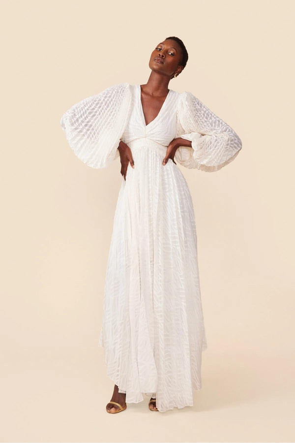 Vestido Longo Texturizado com Mangas Bufantes e Gola V – Luminèe VIEUX OFICIAL