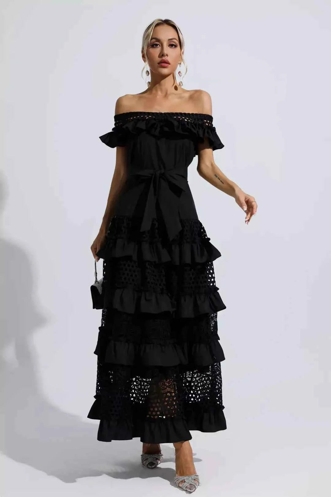 Vestido Longo com Babados e Renda Vazado – Roisille - VIEUX OFICIAL