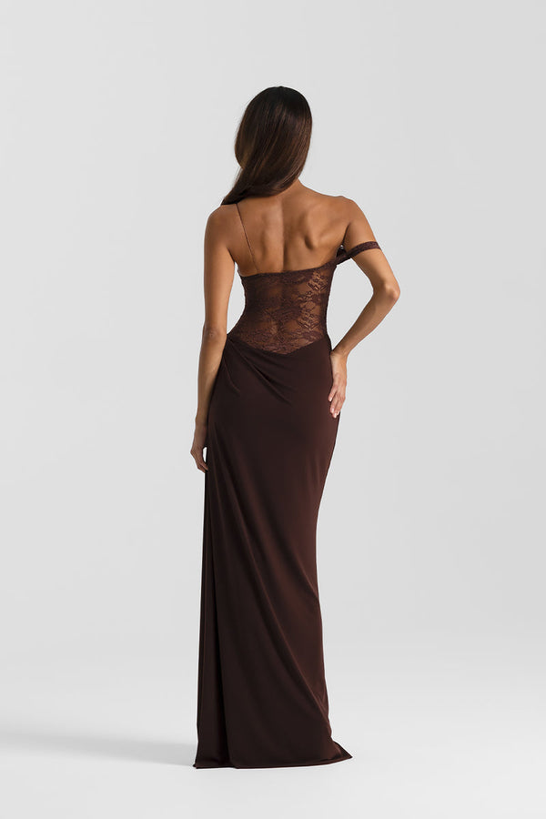 Vestido Longo de Festa com Renda Transparente e Alça Caída – Sloane VIEUX OFICIAL